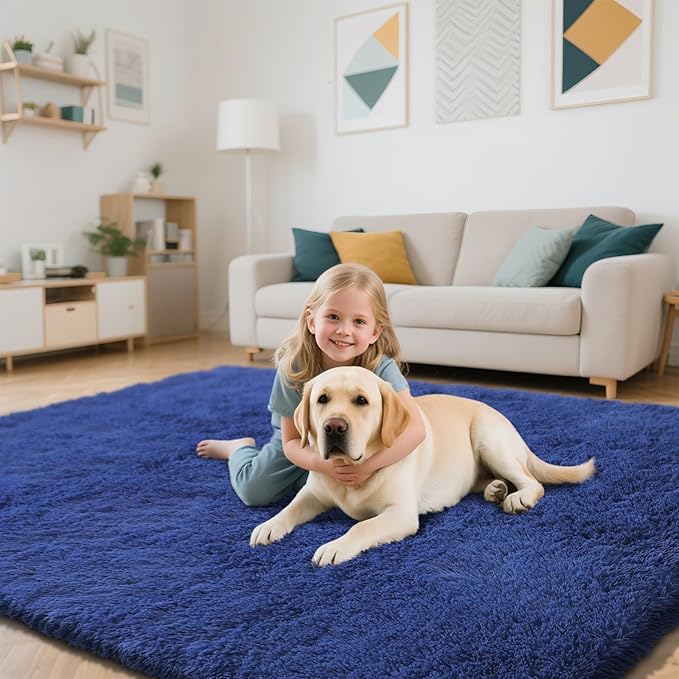 Blue Fluffy Rug Shaggy Area Rug, 9x12 Area Rugs for Girls Bedroom, Big Soft Shaggy Bedside Non-Slip Plush Dorm Nursery Kids Carpet Home Decor Aesthetic