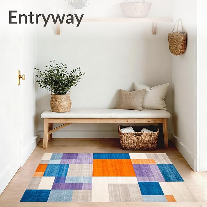 Flatwoven High Traffic Area Rug 5x7, Modern Abstract Color Block Area with Artistic Flair, Non Slip, Stain Resistant, Washable Area Rugs for Living Room, Bedroom (Blue, 5x7)