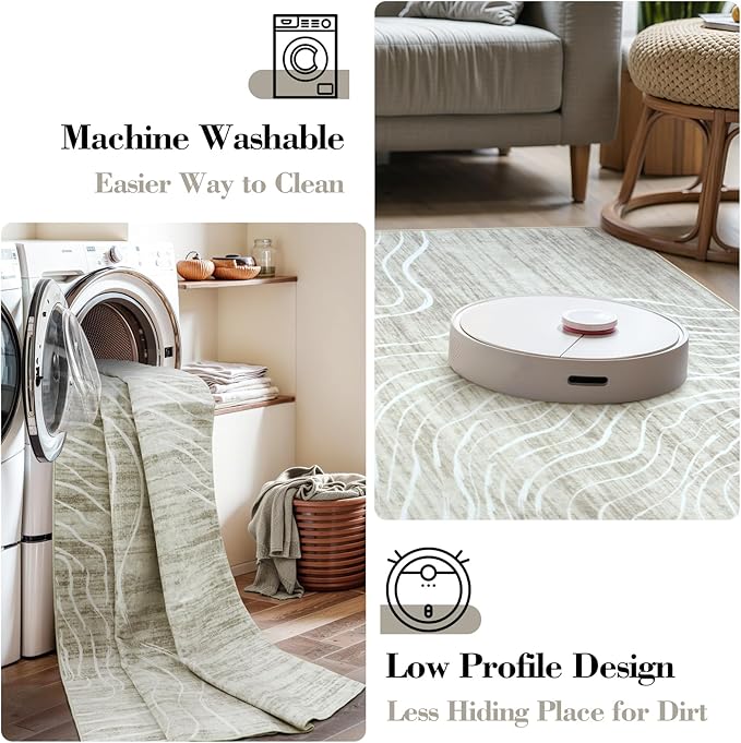 LIVEBOX Machine Washable Modern Abstract 6x9 Area Rug Clearance, Non Slip Large Bedroom Living Room Nursery Girl Rug Minimalist Wave Striped Neutral Boys Rug, Carpet for Playroom(Beige,6'x9')