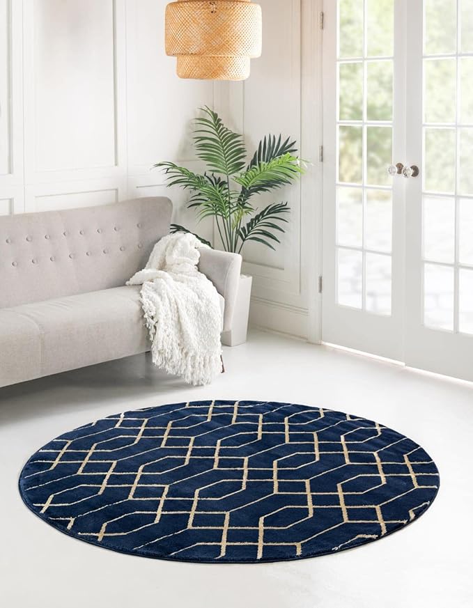 Unique Loom Glam Collection Area Rug - Trellis (3' 3' Round, Navy Blue Gold/ Gold)