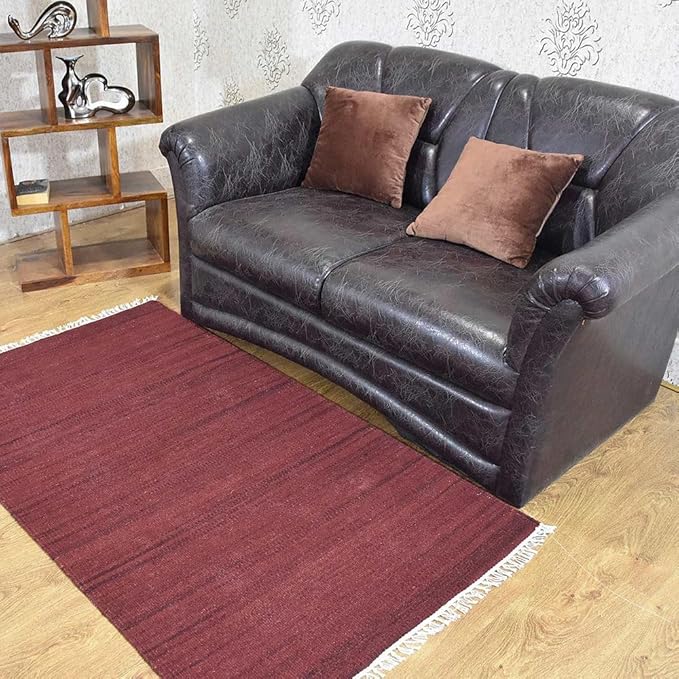 Rugsotic Carpets Hand Woven Flat Weave Kilim Wool ECO-Friendly Area Rugs - 9'x12', Rectangle Shape, Dark Red Color, Solid Plain Design, Low Pile Handmade Rugs for Living Room, Bed Room (D00111)