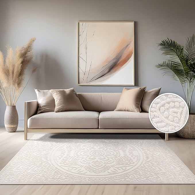 Paco Home Modern in- and Outdoor Rug with Carved Oriental Mandala Pattern in Cream, Size: 2'8" x 4'11"