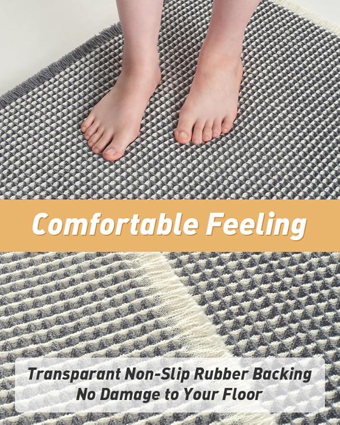 Upgraded Waffle Runner Rug Super Absorbent Non Slip Bath Mats for Bathroom Machine Washable Bathroom Runner Rug with Tassels, Ideal for Hallway Bedroom Laundry Room, 17" x 48", DarkGrey & Cream