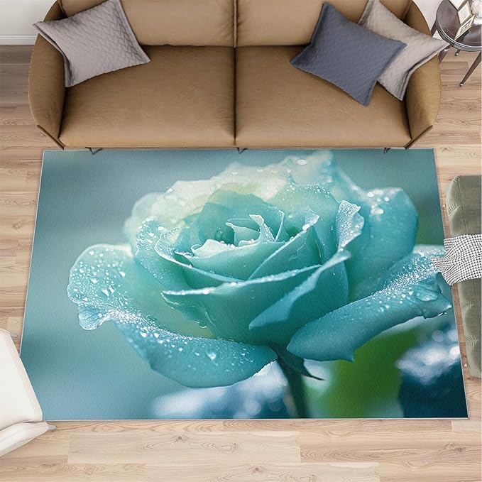 5x6 Blue-Rose Rugs for Office - Realistic Florals Living Room Carpet, Flowers Bedroom Area Rug Kids Low Pile Rug for Indoor Outdoor Hardwood Floors Home Decor