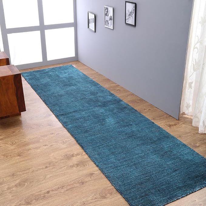 Hand Knotted Loom Wool ECO-Friendly Area Rugs - 2'6"x8', Runner, Blue Color, Solid Plain Design, High Pile Thick Handmade Anti Skid Area Rugs for Living Room, Bed Room (L00111)