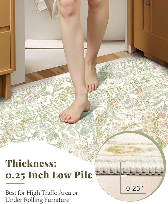 Boho Sage Green Bedside 3x5 Washable Rug for Bedroom, Thin Botanical Vintage Area Rug for Large Entry, Dorm, Kitchen, Foyer, Mudroom, Laundry - Cottage Core Low Pile Non Slip Indoor Front Door Carpet