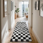 Checkered Rug for Bedroom, 3x7 Black and White Area Rugs, Classic Checkered Carpets Shaggy Area Rug, Bedside Rugs for Living Room Bedroom Kids Room Home Decor