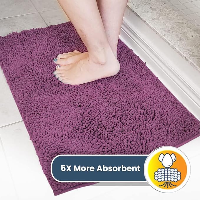Muddy Mat® AS-SEEN-ON-TV Highly Absorbent Microfiber Door Mat and Pet Rug, Non Slip Thick Washable Area and Bath Mat Soft Chenille for Kitchen Bedroom Indoor and Outdoor - Dark Purple 24" x 96"
