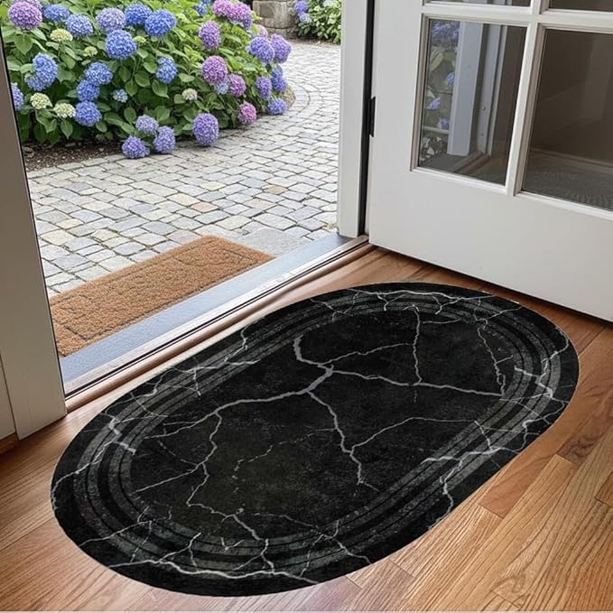 Black Grey Striped Texture Bordered Rugs 7x10 Modern Minimalist Indoor Large Area Rug for Living Room Bedroom Dining Room Soft Faux Wool Non Slip Floor Mats Entrance Bathroom Home Office Oval Carpet
