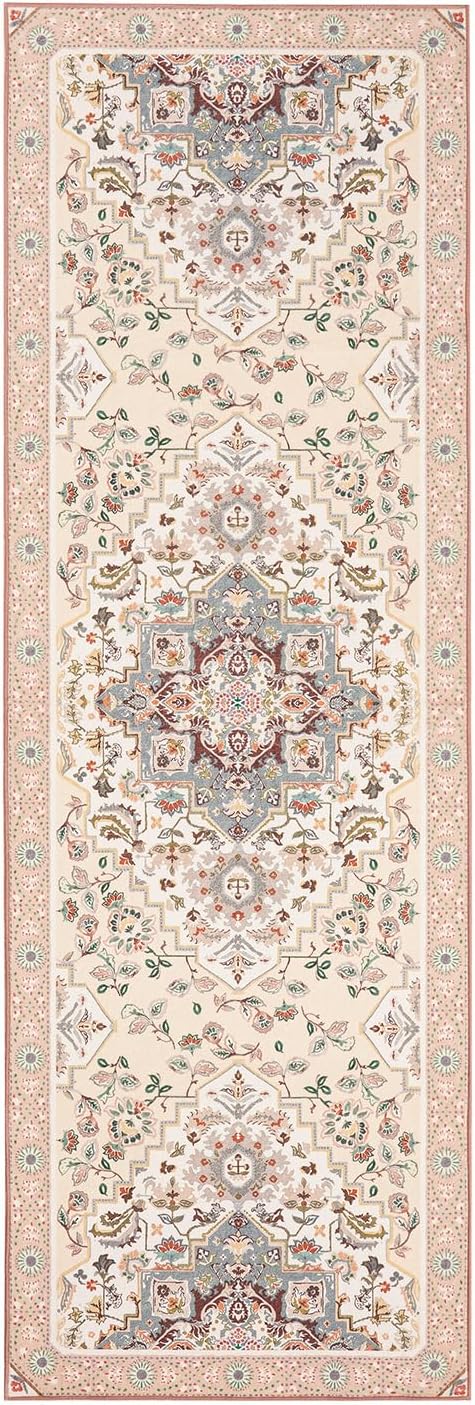 Phantoscope Washable Runner Rug 2'x6' Non-Slip, Vintage Boho Hallway Rugs for Entryway, Stair, Bedroom, Persian Floral Medallion Pattern, Low-Pile Foldable Floor Carpet, Ivory Rose/Fall Bloom
