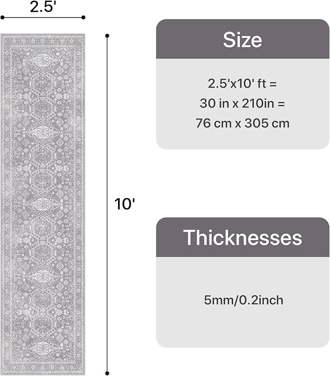 Bavni Washable Runner Rug 2’6”x10, Non Slip Vintage Hallway Runner, Ultra Thin Low Pile Washable Carpet for Kitchen Entryway Bedroom, Grey