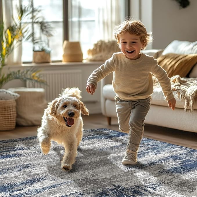 Bavni Rugs for Bedroom, Machine Washable Blue Rug Non-Slip, Foldable Modern 6x9 Area Rugs, Soft Low Pile Carpet for Living Room, Dining Room, Playroom, Blue/Ivory