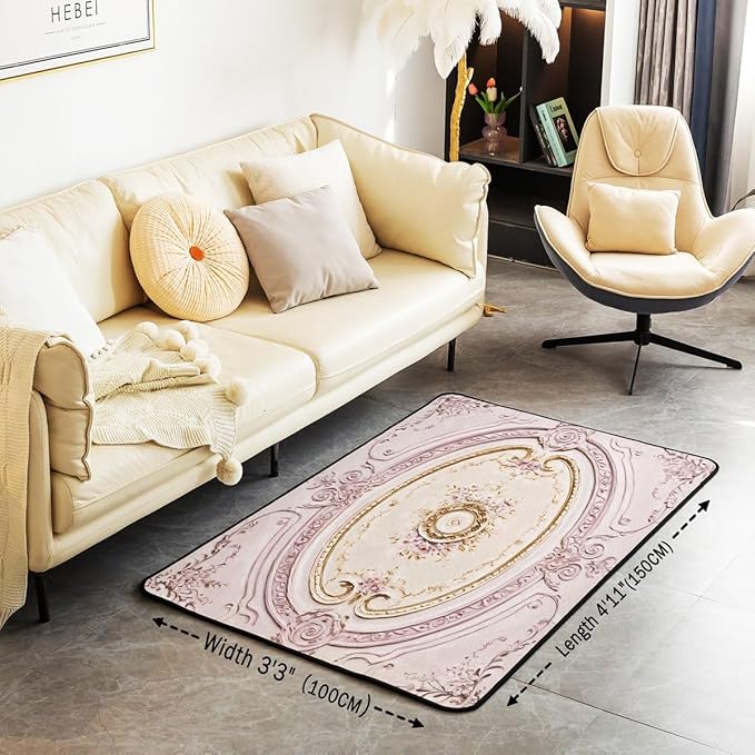 Light Pink 3 x 5 Area Rug Antique Decor Boho Floral Rugs for Living Room | Bohemian Flowers Washable Rug, Minimalist Damask Victorian Carpet Indoor Floor Mat