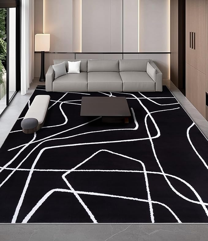 YIHOUSE Modern Washable Area Rug for Living Room Bedroom - Large Abstract Black and White Rug Non-Slip Ultra-Thin Home Decor (Dark Abstract, 6'x9'ft)