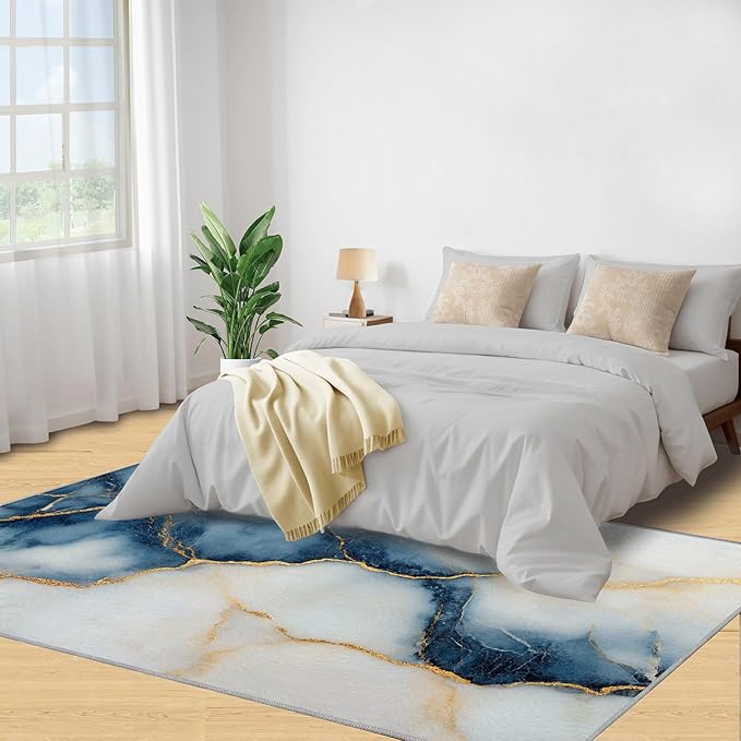 8x10 Abstract Marble Rugs for Living Room - Blue-White-Marble Large Area Rug, Luxury Stone Pattern Modern Boy Nursery Rug Soft Washable for Classroom Office Bedroom Kids Room