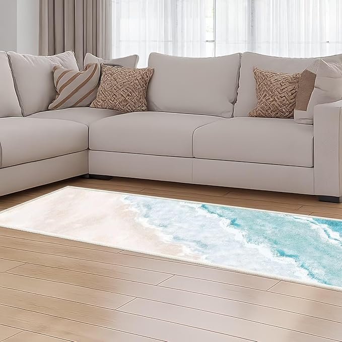 Beach Pattern 2.6x8ft Runner Rug Non Slip Washable Kitchen Runner Rug with Rubber Backing，Low-Pile Soft Washable Runner Rugs for Hallway Entryway Kitchen Bedroom Living Room Bathroom