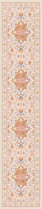 Area Rugs 2'6''x14' Washable Non-Slip, Floral Vintage Distress Print Pattern Medallion Carpet for Living Room Bedroom Dining Room, Light Pink Colorful