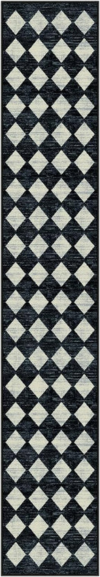 Lahome Checkered Washable 2x12 Runners for Hallways Non Slip, Black Kitchen Bathroom Runner Rugs, Modern Trellis Ultra-Thin Indoor Carpet Runner for Bedroom Dorm Classroom Decor (2'x12',Black)