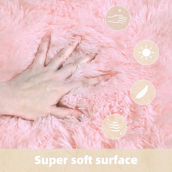 4x4 Round Solid Fluffy Pink Area Rug – Washable, Durable, Circle Bedroom Rug, Non-Slip High Pile Shag Rugs for Living Room, Bedside, Dorms, Grils Rooms, Kids Room, Soft Indoor Floor Carpet