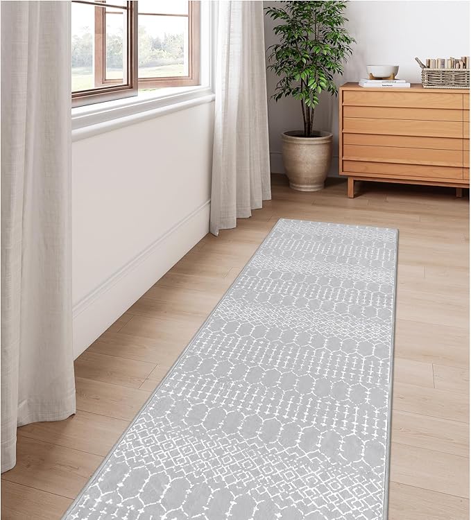 Lahome Moroccan Washable Rug Runner 2x10 Non-Slip Runner Rug for Kitchen Stain Resistant Grey Carpet Runners for Hallway 10 Ft, Modern Geometric Print Soft Floor Carpet for Bathroom Entryway Foyer