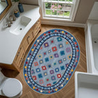 Funky Vintage Blue Red Orange Geometric Texture Indoor Area Rug for Living Room Bedroo Dining Room Faux Wool Soft Low Pile Oval Rugs 7x10 Entrance Nursery Farmhouse Rustic Country Home Office Carpet