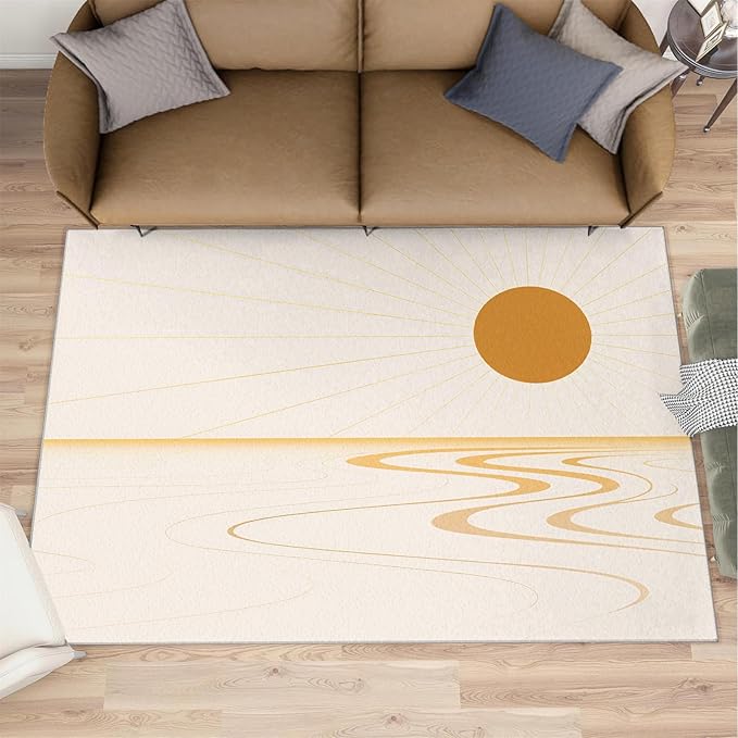 Boho Sun Area Rugs 6x9ft, Minimalist Sunburst Fluffie Rugs for Living Room, Geometric Solar Nursery Rug with Under Rug Non Slip Tape for Bedroom Kids Room
