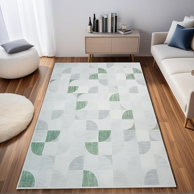 4X6 Rug Boho Washable, Modern Abstract Area Rugs for Bedroom Entryway Living Room Bedside Low-Pile, Small Throw Floor Carpet Non Slip Ultra-Thin Soft Indoor Light Green