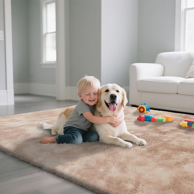 Fluffy Rug Shaggy Area Rug, Mottling Beige 6x9 Area Rugs for Living Room, Large Shag Area Rugs for Bedroom Kids Room Home Decor, Upgrade Anti-Skid Rectangular Fuzzy Rugs