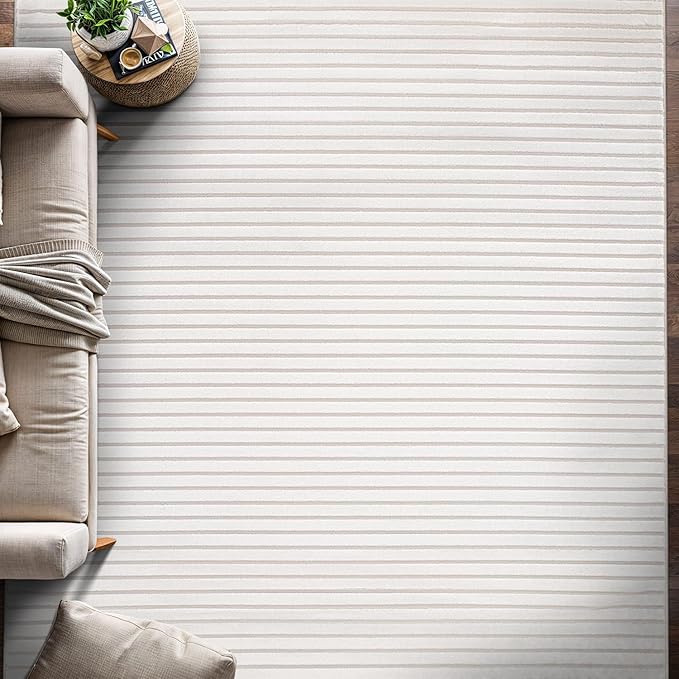 Beverly Rug Modern Geometric Area Rug 4x6 Low-High Pile Durable Soft Abstract Striped Indoor Rugs for Living Dining Room Office Stain Resistant Non Shedding Casual Indoor Carpet Beige White 4 x 6