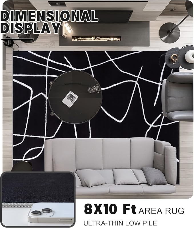 YIHOUSE Modern Washable Area Rug for Living Room Bedroom - Large Abstract Black and White Rug Non-Slip Ultra-Thin Home Decor (Dark Abstract, 8'x10'ft)