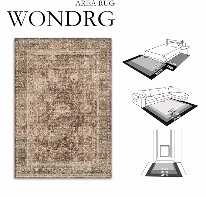 9x12 Rust Vintage Area Rug for Living Room Bedroom Distressed Rustic Large Carpet Non-Slip Low Pile Lightweight Vacuumable Soft Washable Throw Rug for Indoor Dining Room