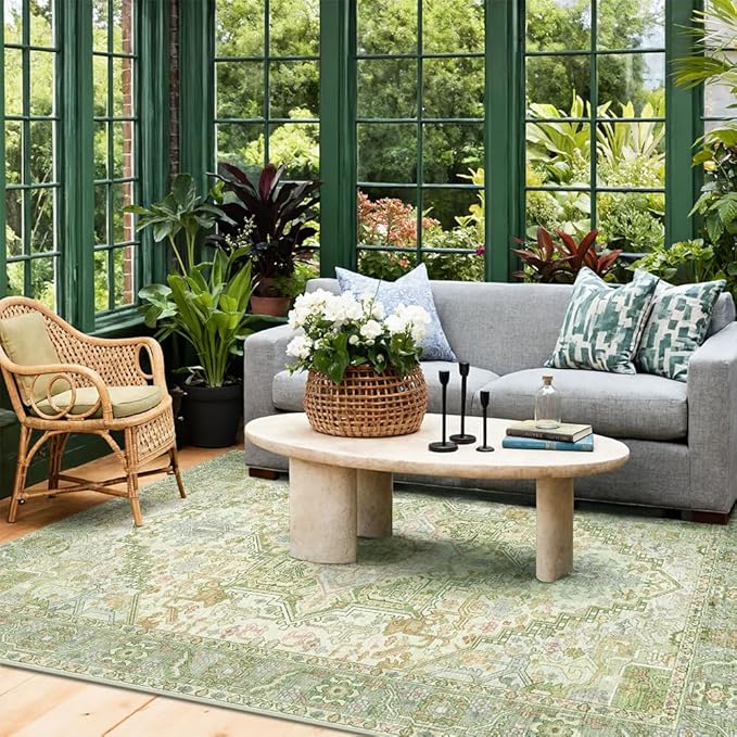 Kokia 6x9 Washable Sage Green Area Rugs with Vintage Orient Design Soft Rug for Living Room or Home Office Non-Slip Low Pile Stain Resistance Features Distressed Medallion Pattern