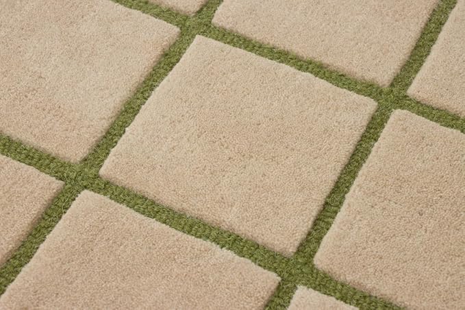Scalloped Border Wool Area Rug with Windowpane Grid, Hand-Tufted, Beige-Blush with Sage Lines & Light Purple Edge - Soft High-Low Pile for Living Room, Bedroom, Nursery - 9x9 Ft (Round)