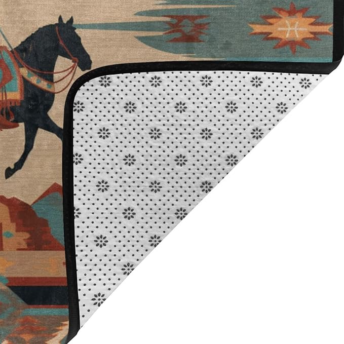 Horse Western Boho Ethnic Style Area Rug Washable Outdoor Rugs Anti-Slip Soft Carpet Entryway Indoor Door Mat for Bedroom,Living Room,Porch,Terrace and Entrance Decor 2'x 1'