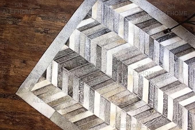 Chevron Pattern Faux Cowhide Area Rug | Non-Slip Leather Carpet for Living Room, Bedroom, and Office | Modern Designer Rug for Home Décor(2.5x8 ft_Grey)