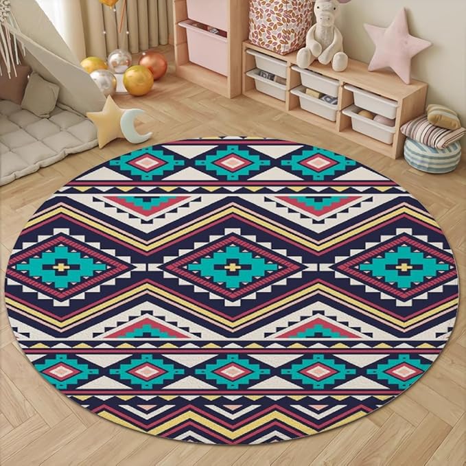 Native Tribal Geometry Round Rug Vintage Blue White Living Room Bedroom Area Rug Non Slip Soft Low Pile Washable Indoor Floor Carpet for Dining Room Kitchen Office Entryway 4ft
