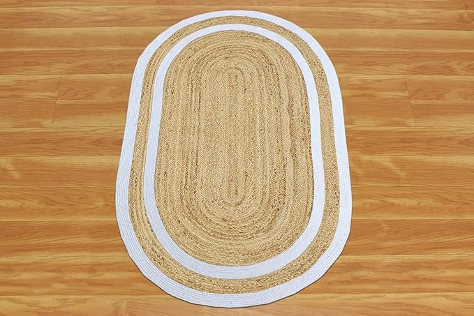 Oval Runner 2x10 Kilim Jute Runner Natural Oval Thick 0.27" Solid Design Beige White Hand Braided Jute Flatweave Mat Handmade Boho Indoor Outdoor Rugs for Kitchen Hallway Enterway