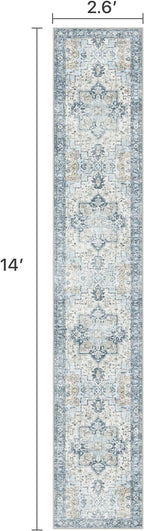 Runner Rug 2'6''x14, Non Slip Vintage Machine Washable Hallway Runner Rugs, Low Pile Lightweight Mat for Hallway, Entryway, Bedroom, Kitchen and Corridor, Blue