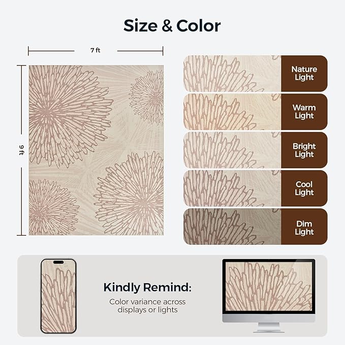 WITSHOCK 7x9 Area Rugs for Living Room: Beige Floral Washable Rugs for Bedroom Dining Room Office Nursery Modern Non-Slip Stain Resistant Low Pile Home Decor（Beige/Brown,7'x9'）