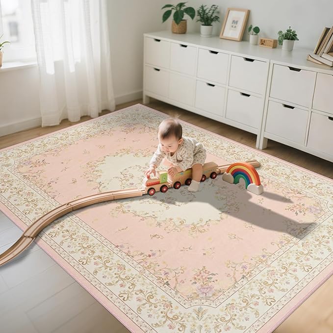 Nursery Rug for Baby Girl, Cute Pink 4x6 Area Rugs for Bedroom Non Slip, Floral Washable Soft Faux Wool Carpet for Living Room Dorm Kids Playroom Office Kids Playroom