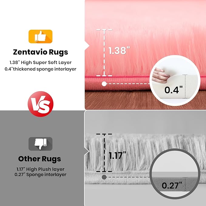 Zentavio Pink Rugs for Girls Room 4x6 Area Rugs for Living Room Cute Carpet for Bedroom Washable Soft Fluffy Shag Aesthetic Plush High Pile Throw Rug for Nursery Kids Room Dorm Room
