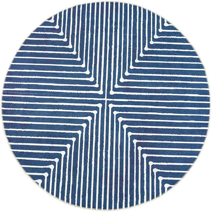 GLN Rugs Contemporary Collection - Machine Washable Area Rug, Contemporary Washable, Non Slip, Low Pile Chenille Rug, Living Room, Bedroom, Kitchen Rug (5'3" Round Lines Blue)