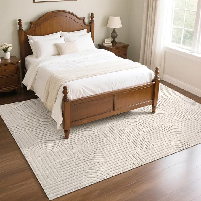 SHACOS Soft Cozy Fluffy Arch Pattern High-Low Pile Area Rugs 6'x9' Large Non Slip Washable Modern Geometric Rug Scandinavian Minimalist Carpet for Living Room Bedroom Dining Room, Beige
