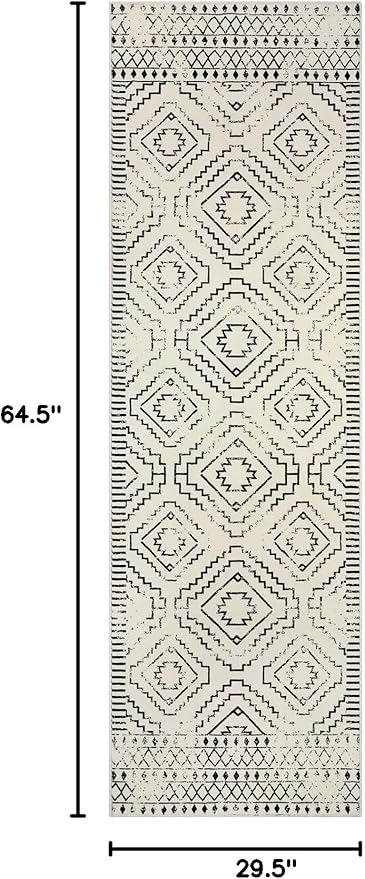 Wonnitar Moroccan Runner Rug, Washable 2'6"x8' Kitchen Runner Rug, Geometric White Hallway Bathroom Rug Runner, Non-Slip Long Boho Tribal Accent Floor Carpet for Bedroom Laundry (Beige,2'6"x8')