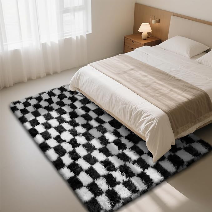 Checkered Rug for Bedroom, 5x8 Black and White Area Rugs, Classic Checkered Carpets Shaggy Area Rug, Bedside Rugs for Living Room Bedroom Kids Room Home Decor