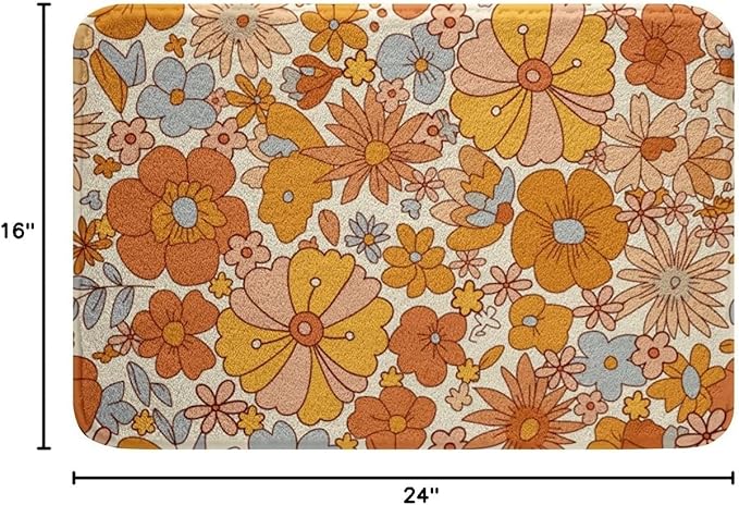 Erosebridal Hippie Flower Bath Mat Groovy Birthday Decorations Non Slip Bath Rugs Cute Rainbow Floral Super Cozy Bathroom Rug 16x24 for Girls Women Bedroom Decor Retro 70s Theme Bathroom Accessories