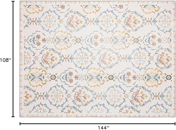 Phantoscope Washable Area Rug 9'x12' Non-Slip, Vintage Floral Boho Rugs for Living Room, Bedroom, DiningRoom, Soft Botanical Moroccan Pattern, Low-Pile Foldable Floor Carpet, Ivory Pink/Boho Garden