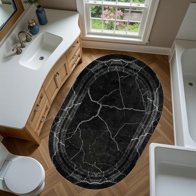 Black Grey Striped Texture Bordered Rugs 8x10 Modern Minimalist Indoor Large Area Rug for Living Room Bedroom Dining Room Soft Faux Wool Non Slip Floor Mats Entrance Bathroom Home Office Oval Carpet