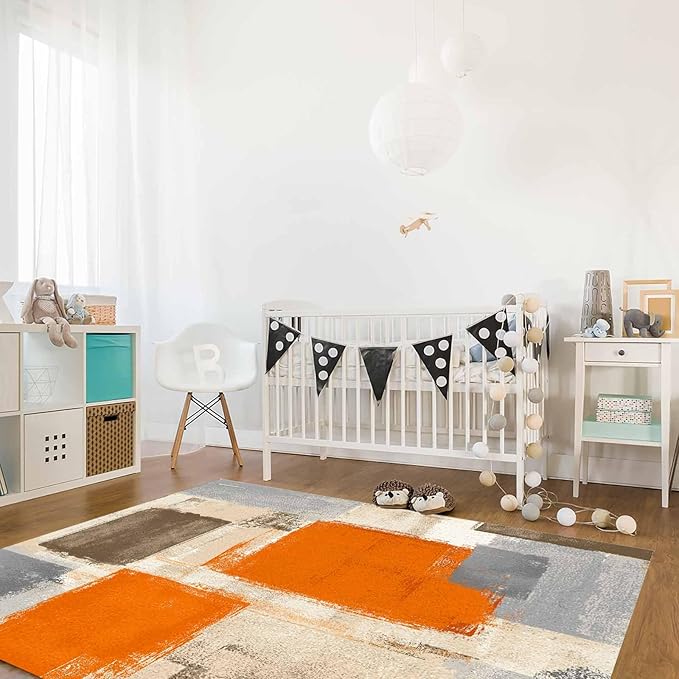 Orange Rectangular Area Rugs for Living Room Bedroom 5 x 6.9 ft Abstract Paint Texture Modern Art Non-Shedding Soft Low Pile Rug Non Slip Washable Rug for Nursery Entryway Playroom
