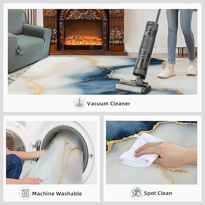 2x4 Abstract Marble Runner Rug for Hallway - Blue-White-Marble Kitchen Mat, Luxury Stone Pattern Kitchen Runner Rug Soft Non Slip Anti Fatigue for Laundry Room Indoor Hallways
